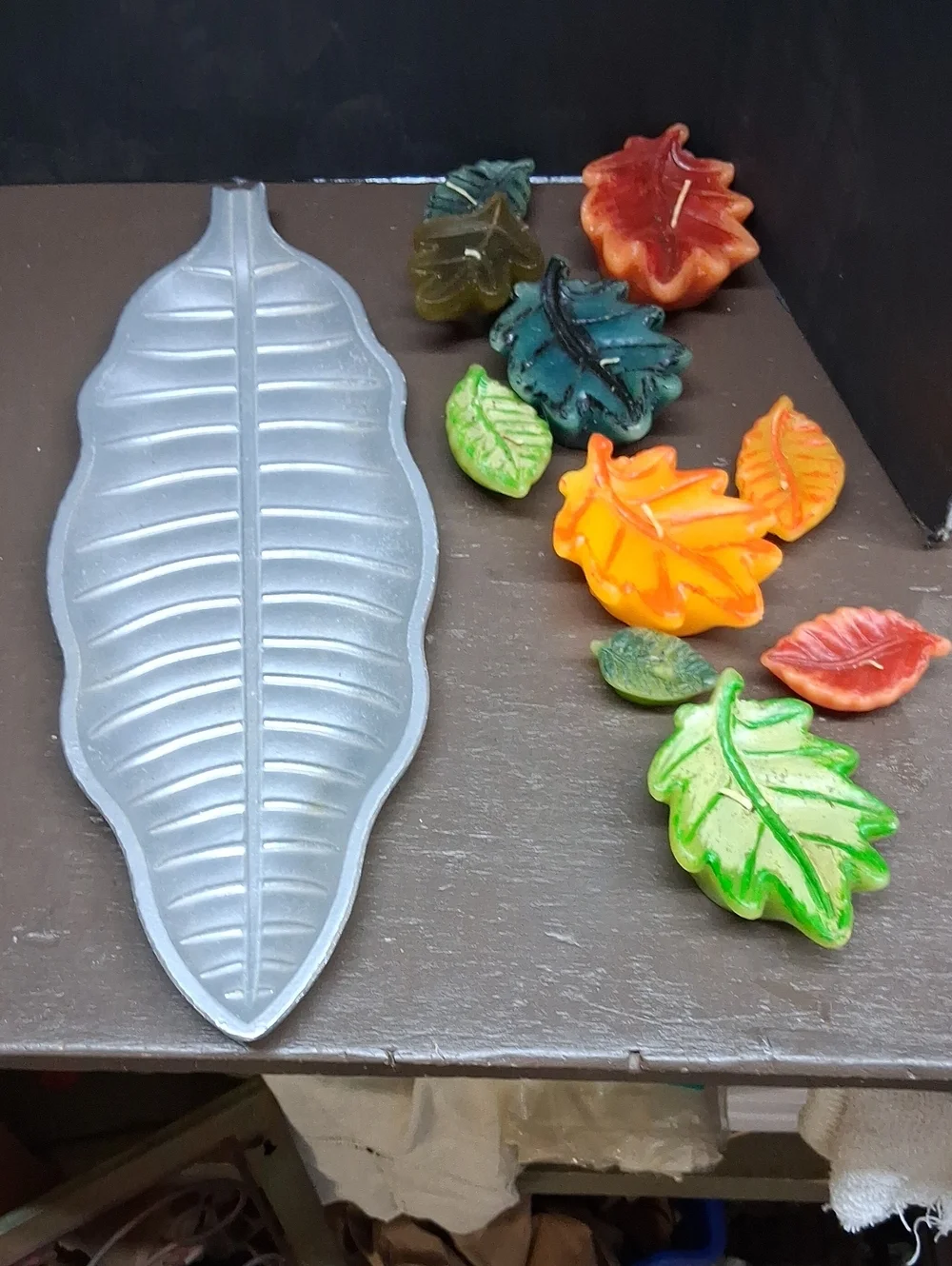 Fall leaf candle arrangement in silver tray & floating sunflower candles